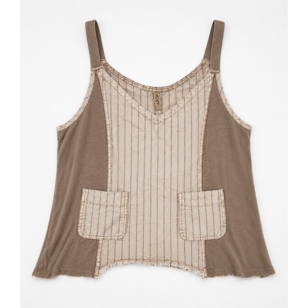 XCVI Womens Mixed Media Striped Corduroy Tank Top Brown Tan Raw Hem Small
